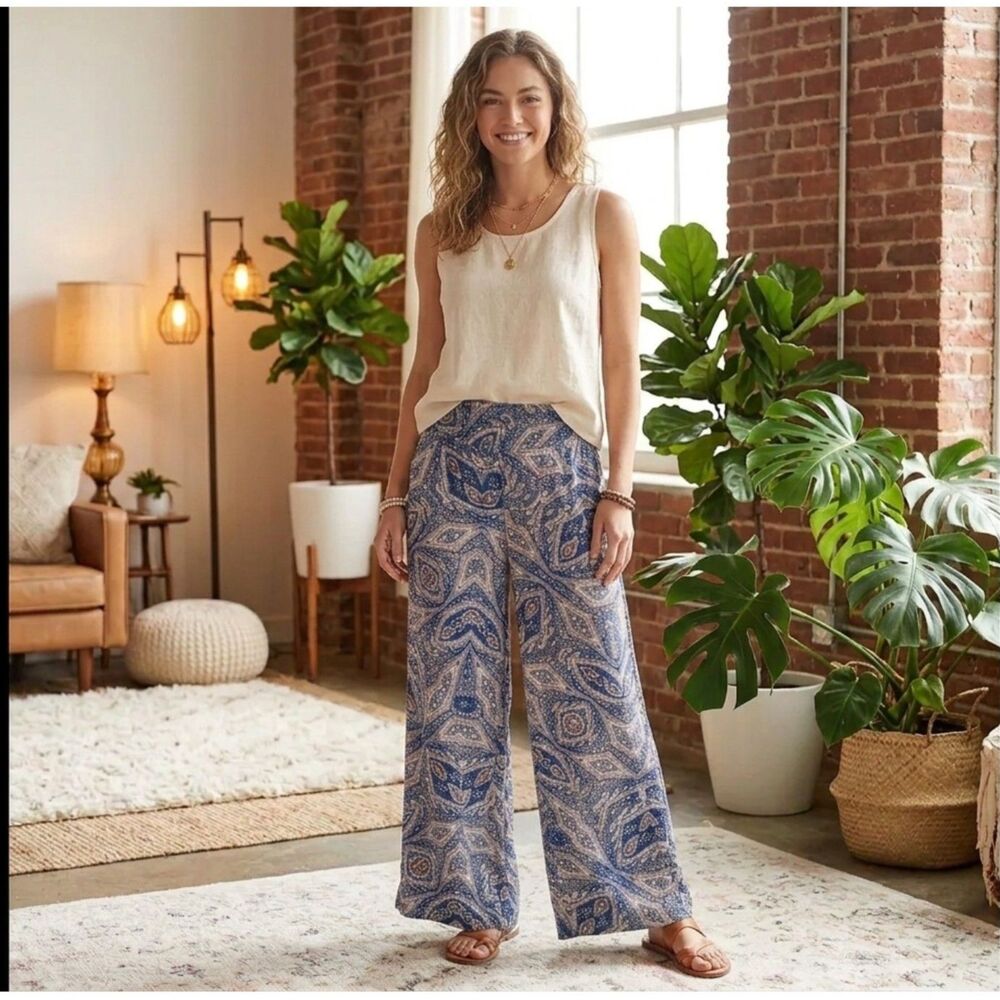 New Look Boho Blue & Cream Paisley Print Palazzo Pants High Waist Wide Leg M